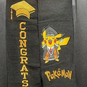Black Graduation Stole with Gold "Congrats" and Custom Pokémon Embroidery